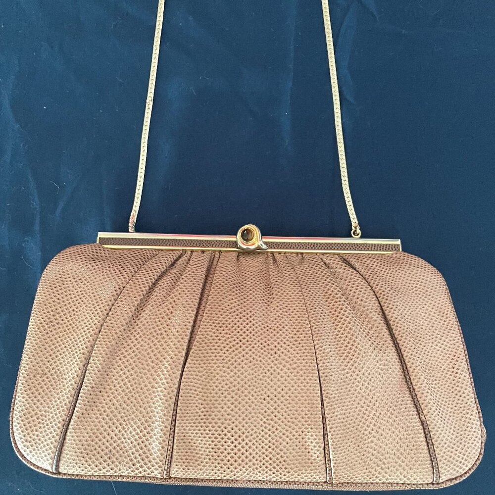 Judith Leber Tan Leather Snakeskin Clutch